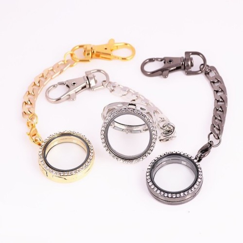 30mm Round Rhinestones Magnetic Glass Floating Locket Pendant With Keychains, Wholesale floating lockets (#5010037)