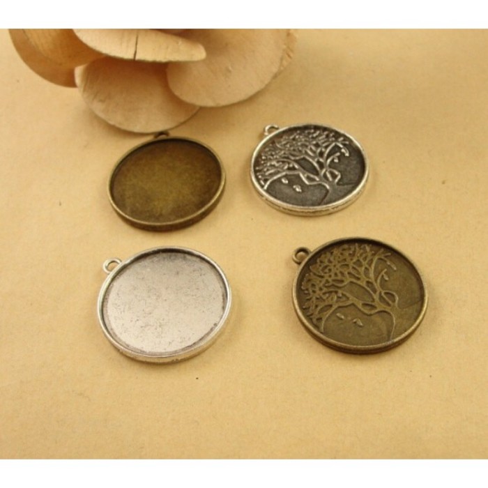 50pcs 25mm 1 inch round Antique Bronze / Silver Cabochon Pendant Base, Tree round pendant setting (3020014)