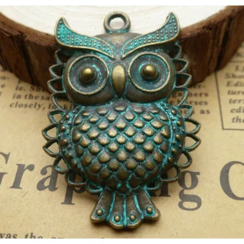 10PCS Owl pendant ,Verdigris Patina Grungy Owl Head Stamping, owl bracelet,Vintage Zinc Alloy owl necklace Charms ,DIY Jewelry Findings