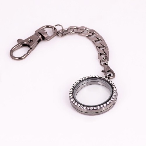 30mm Round Rhinestones Magnetic Glass Floating Locket Pendant With Keychains, Wholesale floating lockets (#5010037)