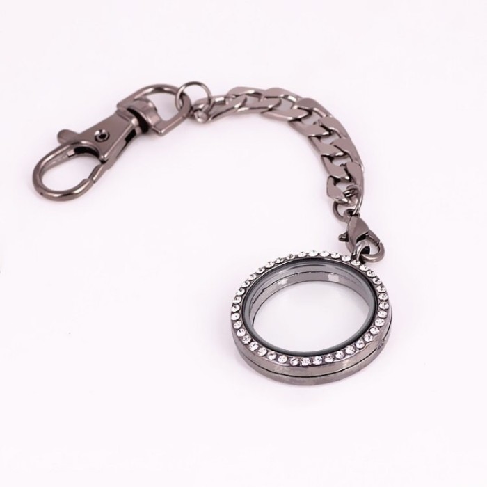 30mm Round Rhinestones Magnetic Glass Floating Locket Pendant With Keychains, Wholesale floating lockets (#5010037)