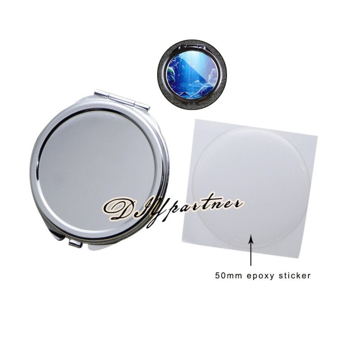 DIY Blank Compact mirror KITS-60mm Small Silver Round Compact Mirror Blank + 2" (50mm) Epoxy Sticker