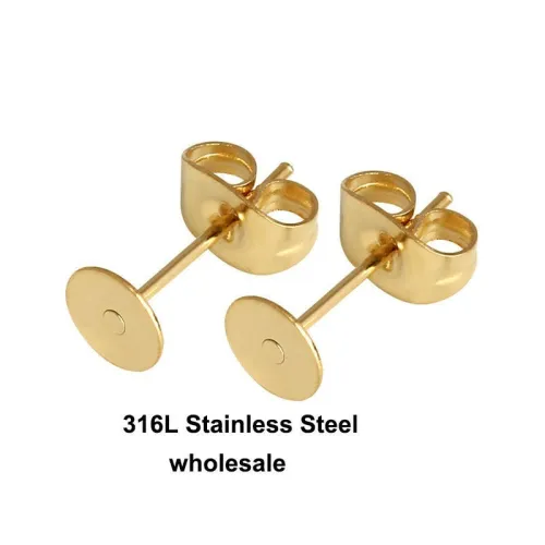 wholesale 50pcs 316L Stainless Steel Gold Color Blank Stud Earring Base 3/4/5/6/8mm Cabochon Cameo Setting Diy Jewelry