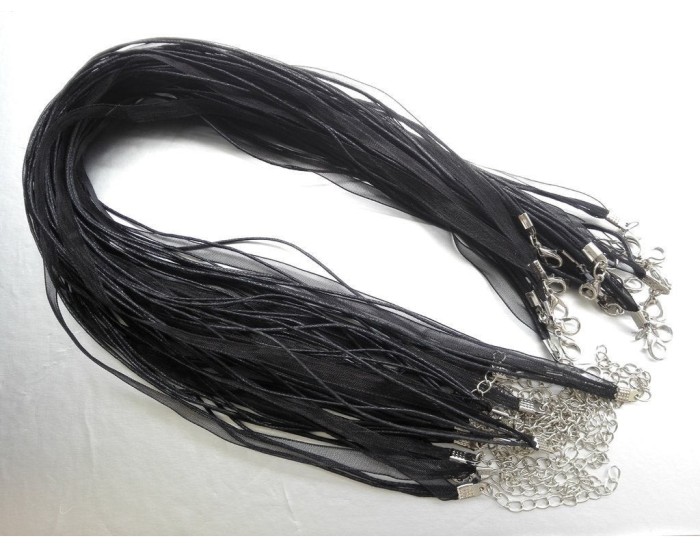 50 or 100 Black Organza Ribbon Necklace for Bottle Cap pendant, Ribbon Cords with Extension Chains