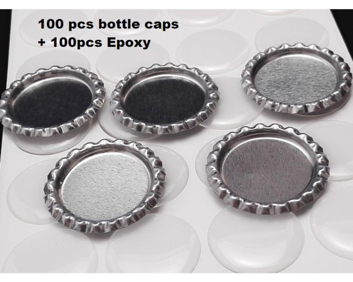 ON SALE Bottle Cap Kit - 100pcs Flattened Flat Silver Linerless Bottle Caps and 100pcs 1 inch High Quality Clear Round Epoxy Stickers E005