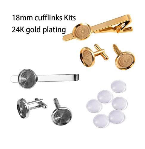 18mm cufflinks Kits-High Quality 24K gold plating or pure copper with electroplated French cufflinks blank,tie clip