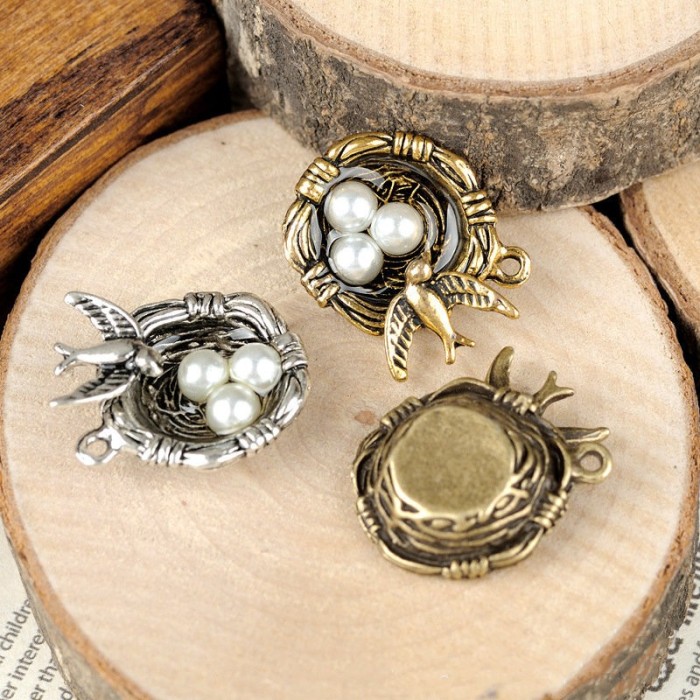 Bird Nest with 3 Pearl Like Beads Charms Pendants Findings