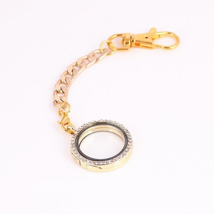 30mm Round Rhinestones Magnetic Glass Floating Locket Pendant With Keychains, Wholesale floating lockets (#5010037)