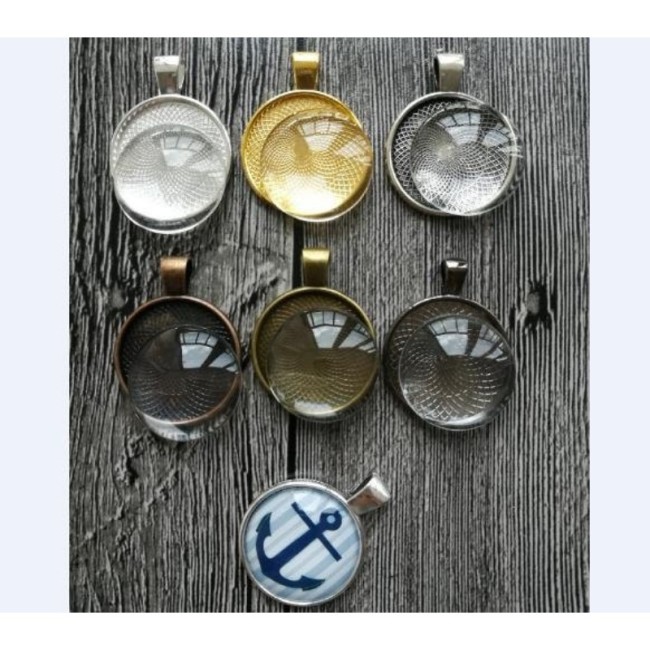 10 - 25mm 1 inch Cabochon Pendant Base with glass demo kitz, 1 inch round pendant tray with round glass cabochon
