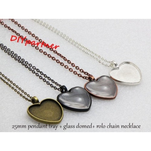 10sets 1 Inch Heart Pendant Blank, 25mm Heart Cabochon Setting, Blank Pendant Base + Rolo Chain Necklace + Clear Glass domed