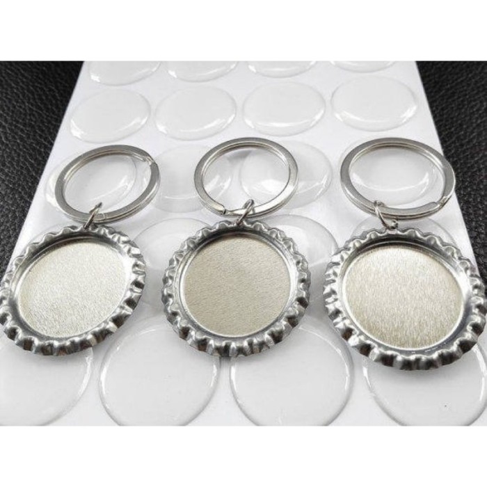 100 Bottle Cap Key chain Kit - Flattened Flat silver Linerless Bottle Caps- Clear Round Epoxy Stickers- keychain rings