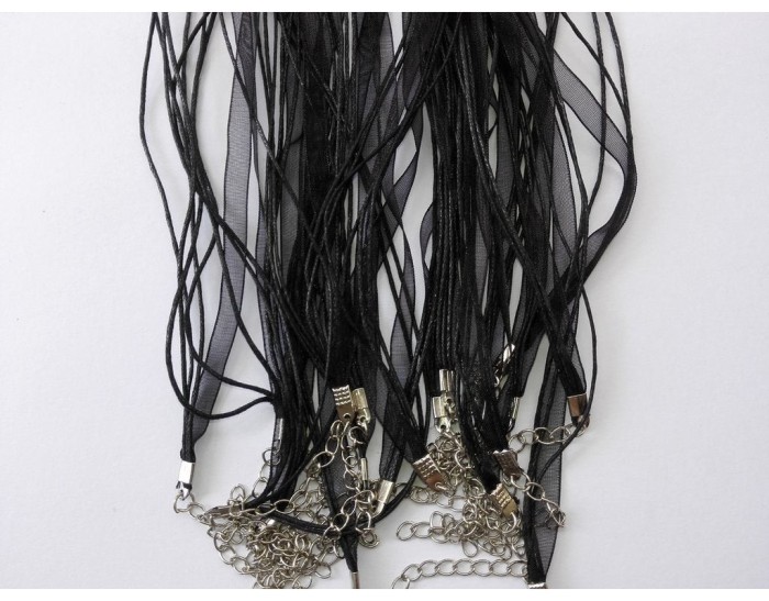 50 or 100 Black Organza Ribbon Necklace for Bottle Cap pendant, Ribbon Cords with Extension Chains
