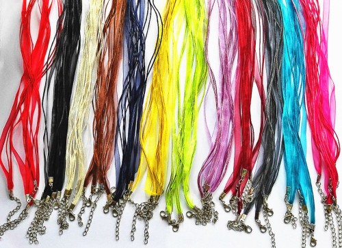 20 Organza Ribbon Necklace for Bottle Cap pendant, Ribbon Cords with Extension Chains
