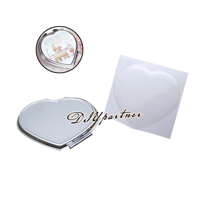 10 Kits Heart Pocket Mirror Silver Compact Mirror +Resin Epoxy Sticker DIY set