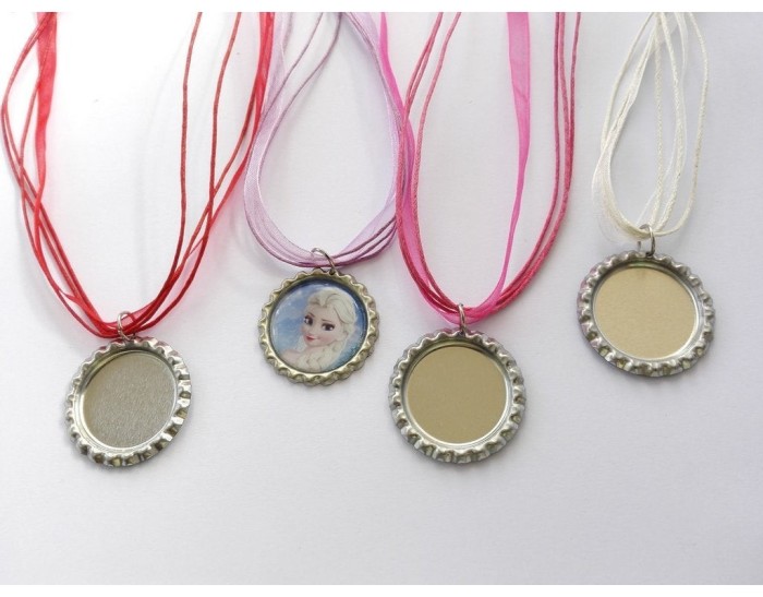 50 Bottle cap necklace Kit- Flattened Flat Silver Bottle Caps+ Round Epoxy Stickers+ Organza Ribbon Cord Necklaces,DIY Necklace kit