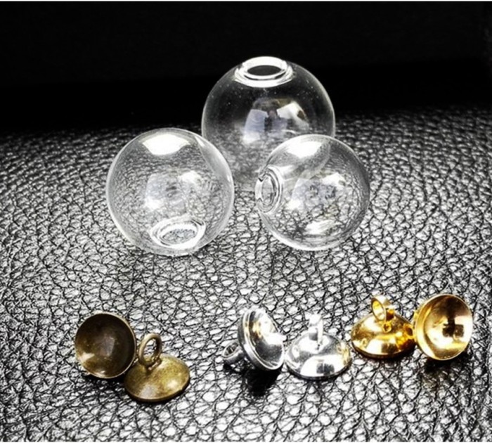 10KiTs -10mm 12mm 14mm 16mm Glass Bubble Ball with Bead cap Jewelry Pendant Kit, with Top Necklace Loop 601004a