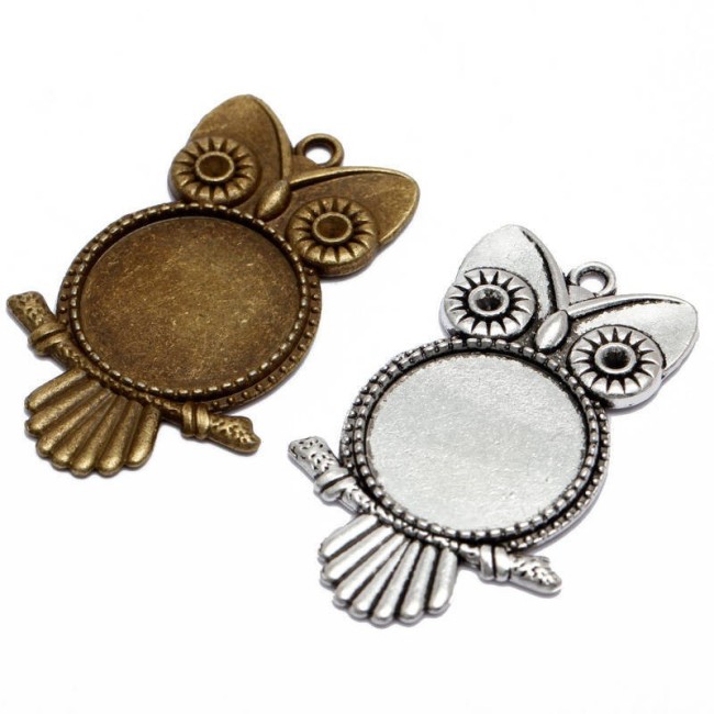 10pcs 25mm Antique Bronze Cabochon Pendant Base, Owl Shape round pendant setting (3020008)
