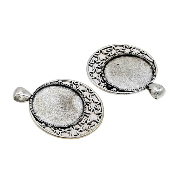 6set/sets Antique Silver Alloy star 36*45mm(Fit25mm dia) Round Cabochon Pendant Settings+Clear Glass Cabochon