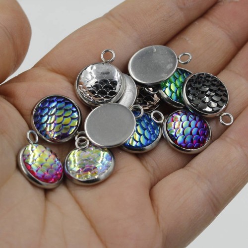 wholesale 12mm stainless steel Mermaid silver charms, Mermaid scale, Holographic pendants, silver charm, silver mermaid, dragon skin pendant