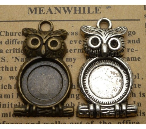 50pcs 14mm Antique Bronze AntiqueSilver Cabochon Pendant Base, Owl Shape round pendant setting (3020008)