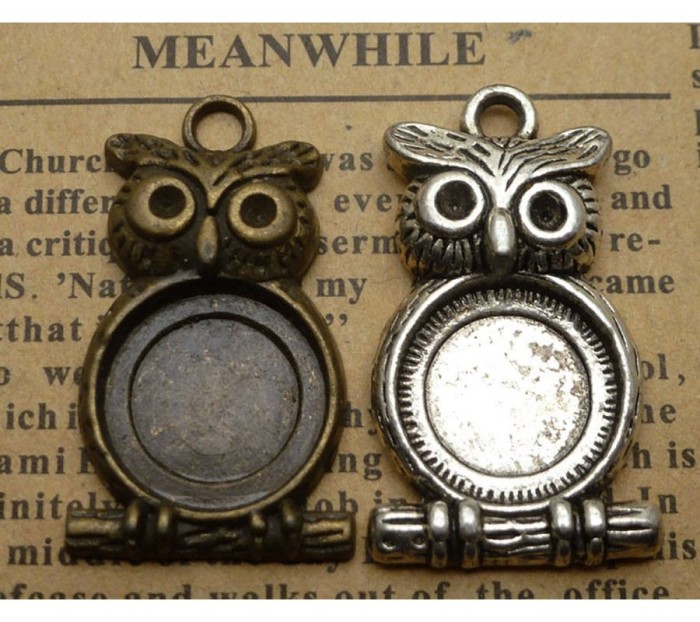50pcs 14mm Antique Bronze AntiqueSilver Cabochon Pendant Base, Owl Shape round pendant setting (3020008)