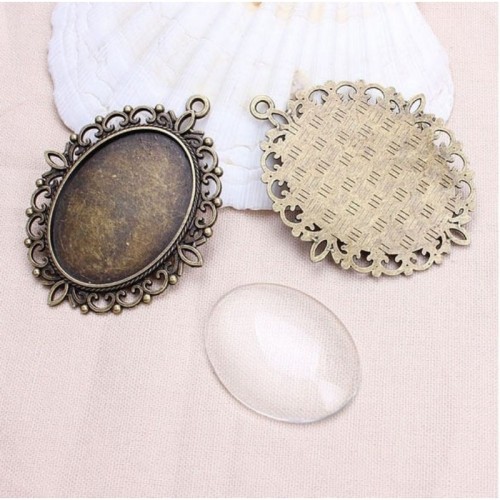 10pcs/lot (glass 30*40mm or 18*25mm)Antique bronze Metal Zinc Alloy Trendy Round Cabochon Pendant Settings + Clear Glass Cabochons for DIY