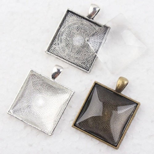 30sets 1 inch square Pendant Trays with glass dome - 1 inch Pendant Blanks Cameo Bezel Settings Photo Jewelry