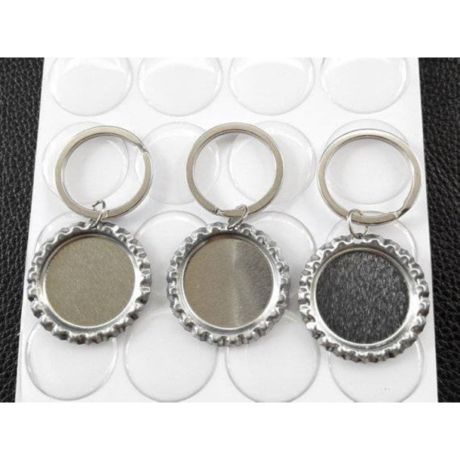 100 Bottle Cap Key chain Kit - Flattened Flat silver Linerless Bottle Caps- Clear Round Epoxy Stickers- keychain rings