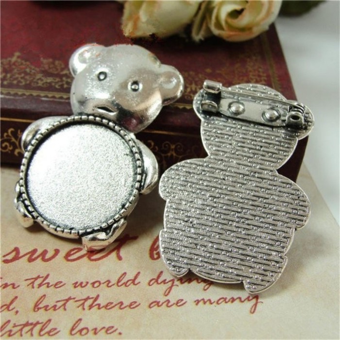 10pcs/lot Vintage Silver Tiny Bear Brooches Cabochon Settings 20*20mm Animal Brooches Base Jewelry Findings