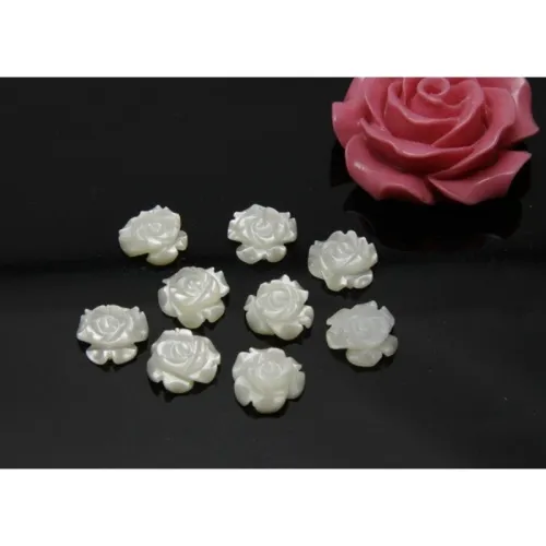 6pcs 10mm White natural mother of pearl Rose shell beads, Flower shaped shell beads, MOP charm, Back half hole for earrings