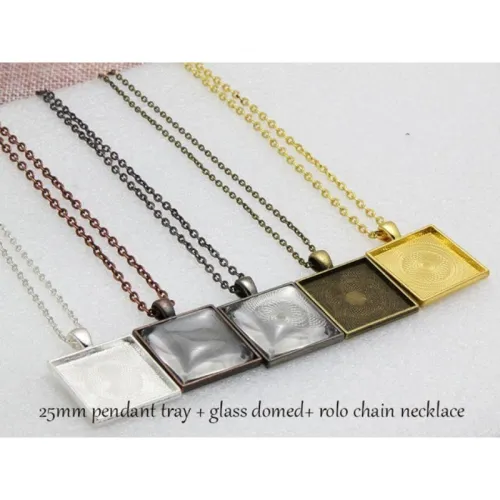 10sets DIY necklace Kits- 25mm Square Blank Pendant Setting + Rolo Chain Necklace + 25mm Square Clear Cabochon Setting