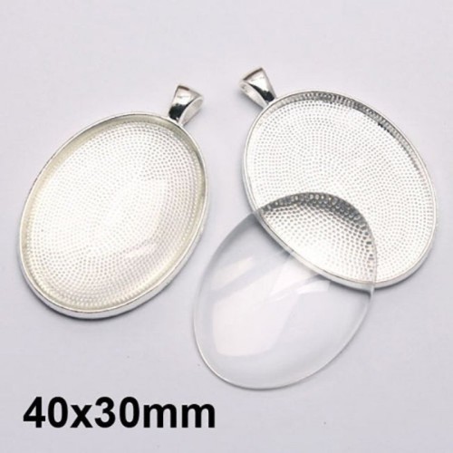 10sets free shipping 40x30mm Pendant Trays + glass cabochon set, Blank Pendant Bases,Bezel Pendant Settings