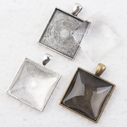 25mm Square Blank Pendant Trays, 1 Inch Bezel Blank Pendant Settings + Rolo Chain Necklace + Clear Glass Cabochon 10 kits
