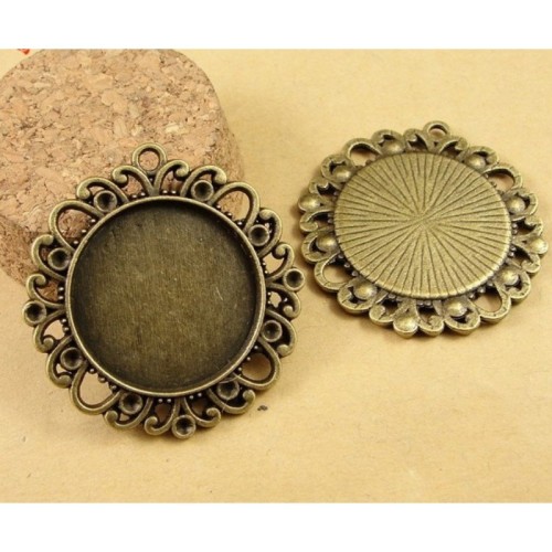 20pcs 25mm Antique Bronze Cabochon Pendant Base, round pendant setting (3020001)