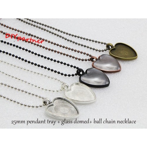 1 Inch Heart Pendant Blank, 25mm Heart Cabochon Setting, Blank Pendant Setting + Ball Chain Necklace + Clear Glass domed