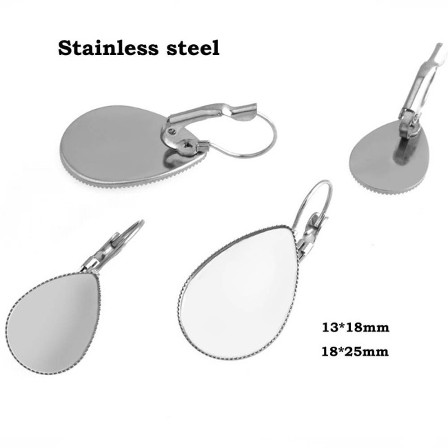 50pcs 13*18/18*25 Teardrop Stainless Steel Cameo Glass Cabochon Metal Bezel French Lever Blank Base Earring Back For DIY Jewelry Findings