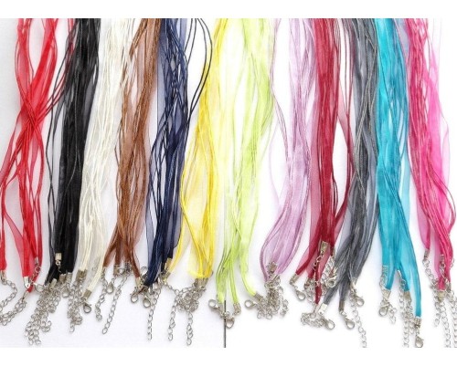 100 Mix colors Organza Ribbon Necklace for Bottle Cap pendant, Ribbon Cords with Extension Chains