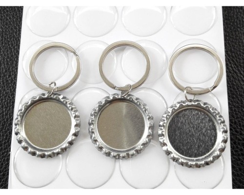 50 Bottle Cap Key chain Kit - 50pcs Flattened Flat Silver Linerless Bottle Caps and 50pcs Clear Round Epoxy Stickers, 50 pcs keychain rings