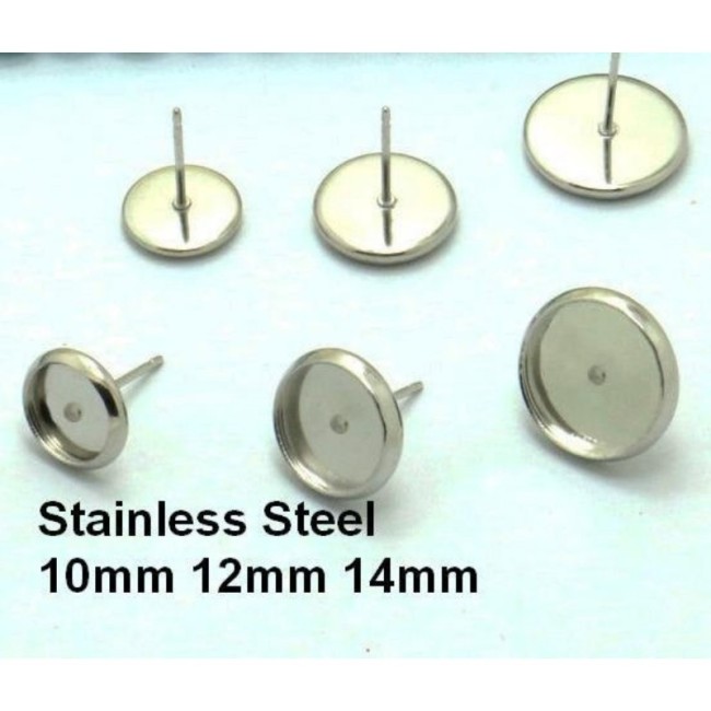 50pcs 10mm 12mm 14mm Stainless Steel Round bezel Earring Blanks /earring base, earring base settings with backs