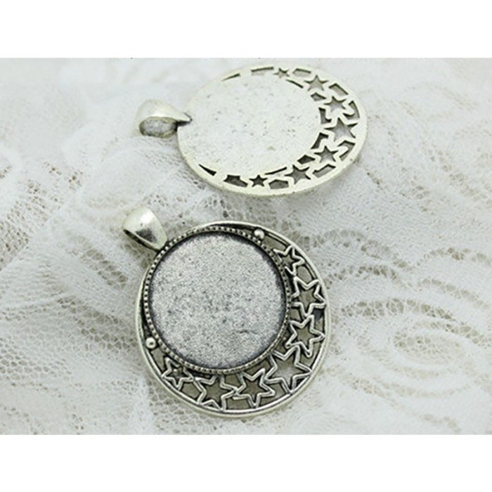 6set/sets Antique Silver Alloy star 36*45mm(Fit25mm dia) Round Cabochon Pendant Settings+Clear Glass Cabochon