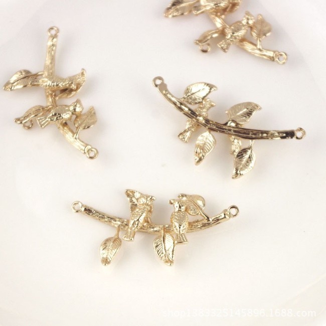 1PC 24K Gold Color Plated Brass Bird on Branch Charm Pendant Double hole connector Spacer bracelet necklace loose bead(#10001116)