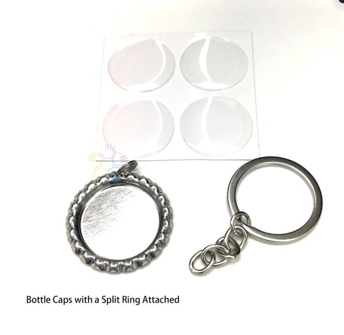 50 Bottle Cap Key chain Kit - Flattened Flat Antique Bronze Linerless Bottle Caps- Clear Round Epoxy Stickers- keychain rings