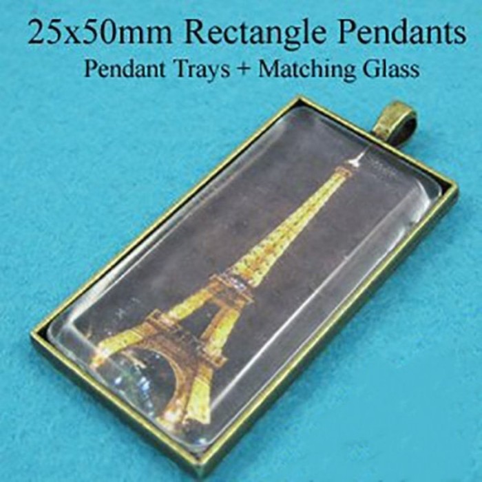 ON SALE - 10 sets 25X50mm rectangle Pendant Trays with glass dome -Pendant Blanks Cameo Bezel Settings Photo Jewelry - Custom Jewelry Making