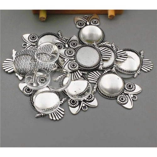 10sets/lot Fit 20mm 25mm Antique Silver Alloy owl diy Cameo base Setting Pendant+Clear Glass Cabochons Beads Jewelry finding