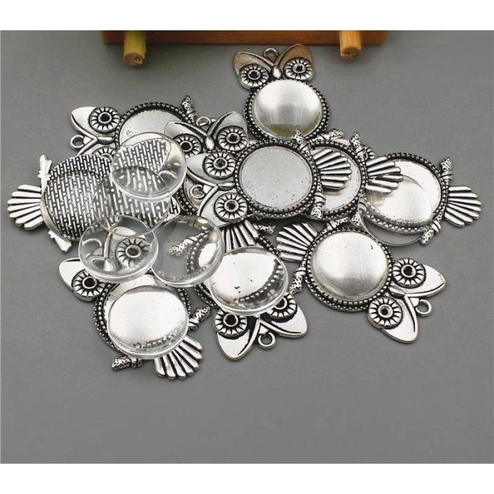 10sets/lot Fit 20mm 25mm Antique Silver Alloy owl diy Cameo base Setting Pendant+Clear Glass Cabochons Beads Jewelry finding