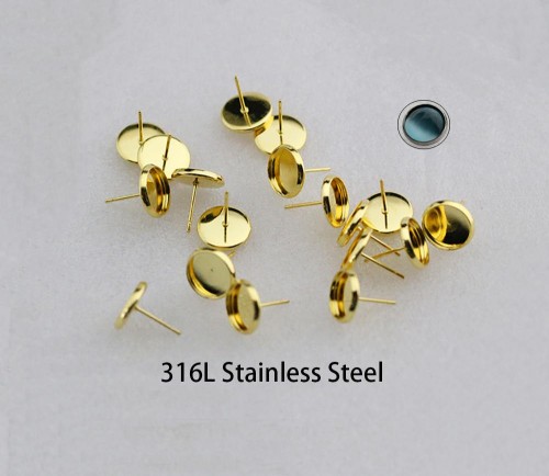 50pcs/100pcs 8mm 10mm 12mm 14mm 16mm 316L Stainless Steel Round bezel Earring Blanks / Gold stud Earrings post with Stopper Backs Findings