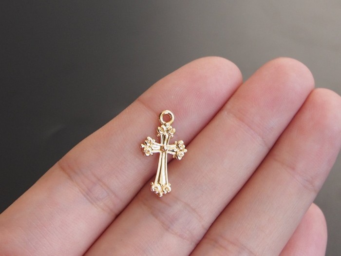 2pcs 24K Gold Color Plated Brass Cross Charm Pendant Spacer bracelet necklace loose bead (#10001008)