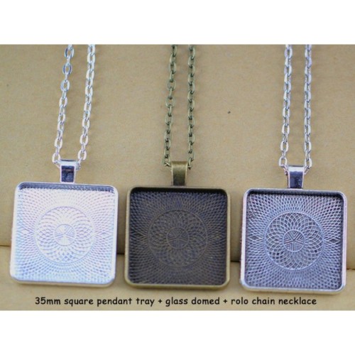 25mm Square Blank Pendant Trays, 1 Inch Bezel Blank Pendant Settings + Rolo Chain Necklace + Clear Glass Cabochon 10 kits