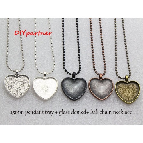 1 Inch Heart Pendant Blank, 25mm Heart Cabochon Setting, Blank Pendant Setting + Ball Chain Necklace + Clear Glass domed