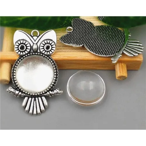 10sets/lot Fit 20mm 25mm Antique Silver Alloy owl diy Cameo base Setting Pendant+Clear Glass Cabochons Beads Jewelry finding